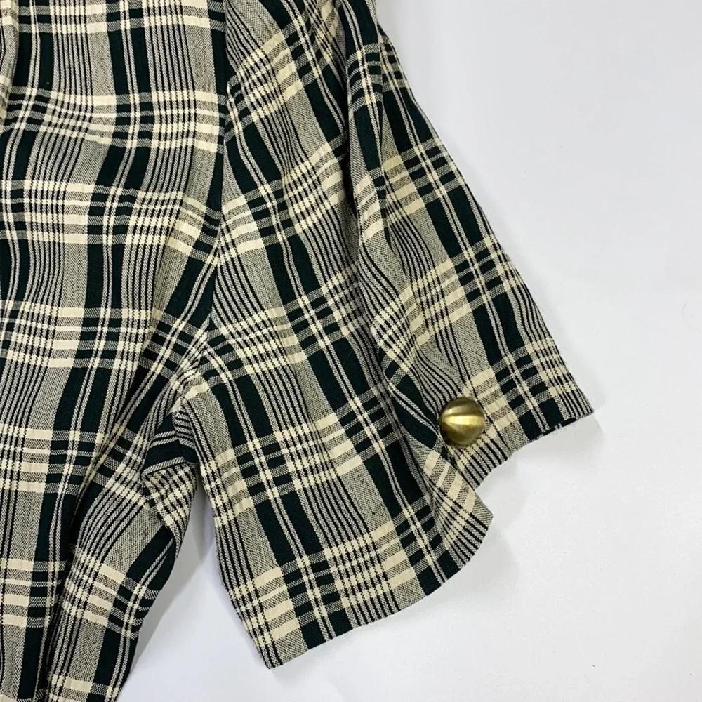 Casual Corner Vintage Green Cream Midi Scoop Neck Belted Dress
